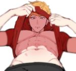  1boy abs adonis_belt blonde_hair busujima_riou_mason from_below hypnosis_mic lifted_by_self looking_at_viewer lying male_focus mokks navel on_back pectorals red_shirt shirt shirt_lift short_hair short_sleeves simple_background solo toned toned_male white_background 
