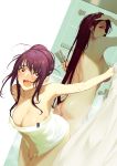 2girls ass back bangs bare_shoulders blush breasts cleavage collarbone curtains fate/grand_order fate_(series) large_breasts leaning_forward long_hair looking_at_viewer multiple_girls naked_towel nude open_mouth purple_hair red_eyes reroi scathach_(fate)_(all) scathach_(fate/grand_order) scathach_skadi_(fate/grand_order) shower_head steam thighs tied_hair towel wavy_mouth wet white_towel 
