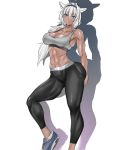  abs animal_ears biceps black_legwear blue_eyes blue_footwear breasts caenis_(fate) cleavage fate/grand_order fate_(series) leggings looking_at_viewer shadow shoes sneakers socks sports_bra tomliat toned white_hair white_legwear 