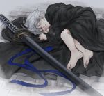  1boy blanket child closed_eyes devil_may_cry devil_may_cry_4 eyebrows_visible_through_hair fingernails fog hair_between_eyes highres injury katana lying on_floor on_side outdoors parted_lips scratches sheath sheathed sleeping solo sword toenails weapon white_hair yse5959 