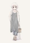  1girl bag dated dress eyebrows_visible_through_hair full_body grey_background grey_dress grey_eyes grey_hair grey_pants hand_in_pocket handbag highres holding long_sleeves looking_at_viewer nagato_yuki nanabuluku no_socks pants parted_lips sandals shirt short_hair signature simple_background solo suzumiya_haruhi_no_yuuutsu white_shirt 