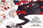  1boy antonio_salieri_(fate/grand_order) black_gloves cup dated fate/grand_order fate_(series) food formal from_above fruit gloves grey_hair happy_birthday ink lying pinstripe_suit pomegranate quill red_eyes sheet_music sindri solo spill striped suit teacup 