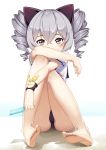  1girl absurdres ass bangs barefoot benghuai_xueyuan black_sailor_collar black_swimsuit bronya_zaychik cameltoe covering_mouth crossed_bangs drill_hair eyebrows_visible_through_hair feet food full_body grey_eyes grey_hair highres honkai_(series) honkai_impact_3rd jliaan legs long_hair looking_at_viewer neckerchief one-piece_swimsuit pink_neckwear popsicle sailor_collar school_uniform shirt short_sleeves sitting solo swimsuit swimsuit_under_clothes twin_drills white_shirt wristband 