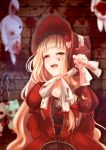  1girl arm_behind_back bangs blonde_hair blood blood_on_face blood_splatter blunt_bangs bonnet bow brick_wall bunny chain collarbone dress flower hair_bow highres indoors juliet_sleeves little_red_riding_hood_(sinoalice) long_hair long_sleeves looking_up neck_ribbon open_mouth orange_eyes puffy_sleeves red_bow red_dress red_flower red_headwear red_rose ribbon rose sagarifuji000 sinoalice solo splatter standing stuffed_animal stuffed_bunny stuffed_toy upper_body upper_teeth wavy_hair white_ribbon 