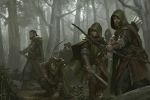  6+boys adrian4rt armor arrow beard black_hair blonde_hair bow_(weapon) cloak closed_mouth dagger dual_wielding facial_hair forest game_of_thrones grass green_cloak hair_slicked_back highres holding holding_arrow holding_bow_(weapon) holding_dagger holding_sword holding_weapon hood hood_down hood_up kneeling multiple_boys nature outdoors plant quiver rock scabbard shaded_face sheath sheathed standing sword tree unsheathing vambraces weapon 