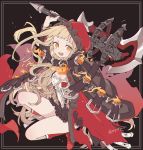 1girl arm_up artist_name axe bangs bare_legs belt belt_buckle black_background blood blunt_bangs boots breasts brown_belt buckle cape cleavage dress fire frame full_body highres holding holding_axe hood hood_up hooded_cape keyhole little_red_riding_hood_(sinoalice) lock long_hair looking_at_viewer open_mouth orange_eyes padlock red_cape red_footwear red_hood short_dress simple_background sinoalice small_breasts solo upper_teeth wavy_hair yayoripain 