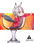  1girl :d animal_ear_fluff animal_ears arknights bangs barefoot black_pants blush_stickers brown_eyes commentary_request cup drinking_glass eyebrows_visible_through_hair fang fur-trimmed_hood fur_trim grey_hair grey_shirt hair_between_eyes highres hood hood_down hooded_jacket in_container in_cup jacket kneeling long_sleeves looking_away open_clothes open_jacket open_mouth outstretched_arm pants projekt_red_(arknights) red_jacket shirt smile solo tail twt 