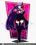  1girl absurdres bb_(fate)_(all) bb_(fate/extra_ccc) black_coat black_footwear boots cloak coat demonx20 fate/extra fate/extra_ccc fate/grand_order fate_(series) gloves hair_ribbon high-waist_skirt highres huge_filesize long_hair neck_ribbon popped_collar purple_eyes purple_hair red_ribbon ribbon skirt solo thigh_boots thighhighs very_long_hair white_gloves 