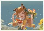  1girl ;d animal_ears arm_up blue_sky blurry blurry_foreground blush braid brown_eyes brown_hair cg_(2686805355) character_request cloud commentary_request day depth_of_field erune fang flower granblue_fantasy hair_flower hair_ornament hand_up highres holding holding_flower jacket looking_at_viewer one_eye_closed open_clothes open_jacket open_mouth outdoors red_flower sailor_collar shirt short_sleeves sky smile solo vajra_(granblue_fantasy) water water_drop white_flower white_sailor_collar white_shirt yellow_flower yellow_jacket 