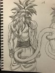  1boy back clenched_hands dragon_ball dragon_ball_gt fingernails fur greyscale hatching_(texture) highres long_hair male_focus monkey_tail monochrome muscle photo signature sketch sketchbook solo son_gokuu spiked_hair spikes standing super_saiyan super_saiyan_4 tail traditional_media wristband yse5959 
