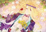  1boy alternate_hairstyle bangs blonde_hair bouquet carnation fate/grand_order fate_(series) floating_hair flower green_eyes hair_down head_wreath heterochromia holding holding_bouquet lily_pad long_hair lying male_focus nail_polish partially_submerged purple_eyes rose sindri solo white_flower white_rose wolfgang_amadeus_mozart_(fate/grand_order) 