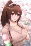  1girl absurdres ayuko91 blush breasts brown_eyes brown_hair brown_sweater cherry_blossoms flower food hair_flower hair_ornament highres kantai_collection large_breasts long_hair looking_at_viewer open_mouth ponytail remodel_(kantai_collection) skirt smile sweater very_long_hair yamato_(kantai_collection) 