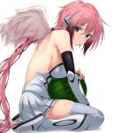  1girl android angel angel_wings bare_back bare_shoulders black_hair black_sleeves boots breasts collar detached_sleeves dress eyebrows_visible_through_hair food from_side fruit full_body gradient_hair green_eyes hair_between_eyes hair_ribbon highres hug ikaros large_breasts leaning_forward long_hair miniskirt mo3hig3 multicolored_hair pink_hair pleated_skirt red_ribbon ribbon robot_ears sideboob simple_background sitting skirt sleeveless sleeveless_dress solo sora_no_otoshimono thigh_boots thighhighs very_long_hair wariza watermelon white_background white_dress white_footwear white_legwear white_skirt white_wings wings 