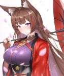  1girl absurdres amagi_(azur_lane) animal_ear_fluff animal_ears azur_lane bangs blunt_bangs blush bodysuit_under_clothes breasts bridal_gauntlets brown_hair cherry_blossoms coat commentary covered_collarbone eyebrows_visible_through_hair falling_petals fox_ears fox_girl hair_ornament hand_up highres holding holding_umbrella huge_filesize japanese_clothes kimono large_breasts long_hair long_sleeves looking_at_viewer oriental_umbrella purple_eyes purple_kimono red_coat sakuramon sidelocks simple_background smile solo thick_eyebrows umbrella upper_body white_background wide_sleeves woon 