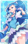  argyle argyle_background blue_background blue_eyes blue_hair breasts cure_fontaine earrings gloves hamuhamu healin&#039;_good_precure heart highres jewelry long_hair looking_at_viewer magical_girl open_mouth ponytail precure sawaizumi_chiyu small_breasts teeth upper_teeth white_gloves 