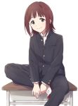  1girl amami_haruka brown_hair crossdressing demirinz desk gakuran green_eyes idolmaster idolmaster_(classic) long_sleeves medium_hair on_desk school_desk school_uniform shoes sitting sitting_on_desk smile solo uwabaki 