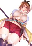  1girl atelier_(series) atelier_ryza blush breasts brown_eyes brown_hair from_below hair_ornament hairclip hat jewelry kurenai_(kurenai_pso) leather_belt looking_at_viewer navel necklace open_mouth red_shorts reisalin_stout round-bottom_flask short_hair short_shorts shorts smile solo star star_necklace thighhighs thighs 