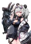  1girl absurdres animal_ears arknights bangs bare_shoulders black_dress black_hair breasts china_dress chinese_clothes cleavage cleavage_cutout dress eyewear_on_head feater_(arknights) grey_hair hair_over_one_eye hand_in_pocket highres jacket large_breasts long_hair long_sleeves looking_at_viewer mechanical_arm multicolored_hair open_clothes open_jacket open_mouth panda_ears red_eyes round_eyewear simple_background smile solo sunglasses thigh_strap twintails ubo_(dbsgurdbsk) v white_background 