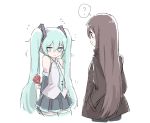  2girls ? aqua_eyes aqua_hair aqua_neckwear arms_behind_back bare_shoulders black_skirt black_sleeves blush brown_hair brown_jacket detached_sleeves flower grey_shirt hair_ornament hands_in_pockets hatsune_miku holding holding_flower jacket long_hair looking_at_another looking_away master_(vocaloid) multiple_girls necktie nejikyuu shirt shoulder_tattoo skirt sleeveless sleeveless_shirt smile spoken_question_mark tattoo thighhighs twintails upper_body very_long_hair vocaloid white_background zettai_ryouiki 