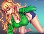  1girl all_fours asymmetrical_hair bangs blonde_hair blue_background blue_bikini_bottom blue_eyes blue_scrunchie breasts cardigan cleavage denim denim_shorts earrings eyebrows_visible_through_hair galko gradient gradient_background green_sweater gyaru hair_ornament hair_scrunchie hanging_breasts jewelry kogal large_breasts long_hair nikita_varb one_side_up oshiete!_galko-chan parted_lips pink_lips red-framed_eyewear scrunchie short_shorts shorts shoulder_cutout side_bun stud_earrings sweater thighs thong underwear 