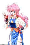  1990s_(style) 1994 blue_eyes bracelet copyright copyright_name cowboy_shot dated highres jewelry long_hair megami_paradise official_art open_mouth pendant pink_hair rurubell short_sleeves simple_background thighhighs v white_background white_legwear yoshizane_akihiro 