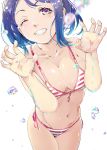  1girl :d =d bangs bare_arms bikini blue_hair blush breasts cleavage collarbone front-tie_bikini front-tie_top hands_up highres kntrs_(knyrs) large_breasts love_live! love_live!_sunshine!! matsuura_kanan navel one_eye_closed open_mouth paw_pose purple_eyes side-tie_bikini simple_background smile solo striped striped_bikini swimsuit water_drop wet wet_hair white_background 