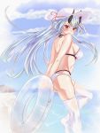  1girl bare_shoulders beach bikini black_horns blue_sky blush cloud day eyebrows_visible_through_hair fate/grand_order fate_(series) frown hat hat_ribbon highres holding holding_innertube horns_through_headwear innertube long_hair looking_at_viewer looking_back ocean oni_horns red_eyes red_ribbon ribbon silver_hair sky solo sun_hat swimsuit thighhighs tomoe_gozen_(fate/grand_order) very_long_hair white_bikini white_headwear white_legwear yahan_(mctr5253) 
