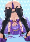  1girl ass bb_(fate)_(all) bb_(swimsuit_mooncancer)_(fate) bent_over bikini black_gloves blush bracelet breasts cameltoe cleavage commentary fate/grand_order fate_(series) gloves high_heels jewelry large_breasts long_hair mokyumokyuchan one_eye_closed open_mouth partially_visible_vulva purple_bikini purple_eyes purple_hair solo star starry_background studded_gloves studded_legwear swimsuit thighhighs tiara very_long_hair view_between_legs 