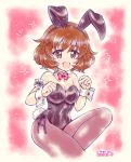  1girl :d =3 akiyama_yukari alternate_costume animal_ears armband artist_name bangs black_legwear black_leotard bow bowtie breasts brown_eyes brown_hair bunny_ears bunny_tail bunnysuit burafu cleavage clenched_hands commentary covered_navel cowboy_shot dated detached_collar eyebrows_visible_through_hair fake_animal_ears fake_tail girls_und_panzer leg_up leotard looking_at_viewer medium_breasts messy_hair open_mouth pantyhose red_background red_neckwear short_hair side-tie_leotard smile solo sparkle standing strapless strapless_leotard tail wrist_cuffs 