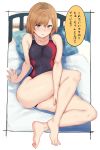  1girl alp barefoot bed black_swimsuit blue_eyes brown_hair commentary_request competition_swimsuit full_body highres looking_at_viewer miyamori_aoi one-piece_swimsuit pillow shirobako short_hair sitting solo swimsuit translation_request 