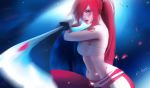  1girl artist_name blush breasts d-han erza_scarlet fairy_tail foreshortening hair_over_one_eye highres long_hair looking_at_viewer medium_breasts midriff motion_blur navel parted_lips petals ponytail red_eyes red_hair red_lips revision sarashi signature solo sword tattoo weapon 