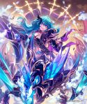  1girl armor bangs blue_eyes blue_hair dragon dragon_riding facial_mark floating floating_object gauntlets hair_between_eyes hair_ornament highres lee_hyeseung long_hair midriff navel official_art open_mouth pauldrons shingeki_no_bahamut solo 