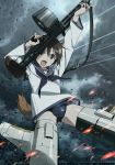  &gt;:o 1girl animal_ears arms_up black_neckwear black_school_swimsuit black_swimsuit brown_hair cloud cloudy_sky commentary_request dark_clouds dog_ears dog_tail dress drum_magazine dust_particles embers flying grey_sailor_collar grey_sky gun highres holding holding_gun holding_weapon key_visual long_sleeves machine_gun miyafuji_yoshika neckerchief official_art open_mouth sailor_collar sailor_dress school_swimsuit school_uniform short_hair sky solo strap strike_witches striker_unit swimsuit swimsuit_under_clothes tail trigger_discipline weapon white_serafuku wind world_witches_series 