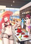  1boy 5girls :d animal_ears arknights ass bangs bare_arms bare_shoulders beach_umbrella bikini black_bikini blonde_hair blue_shirt bottle braid breasts brown_hair cowboy_shot crab cup detached_collar drinking_glass exusiai_(arknights) eyebrows_visible_through_hair eyjafjalla_(arknights) fire flame food from_behind hair_over_one_eye halo hat head_tilt highres horn huziyu ice ice_cube ifrit_(arknights) indoors kebab long_hair looking_at_viewer looking_back matterhorn_(arknights) medium_breasts miniskirt multiple_girls navel necktie off_shoulder open_clothes open_mouth open_shirt pink_bikini pink_eyes pointy_ears purple_bikini red_hair red_neckwear see-through shirt short_sleeves skirt smile sora_(arknights) standing stomach striped striped_bikini sun_hat surfboard swimsuit table thighs twin_braids twintails umbrella very_long_hair vigna_(arknights) white_bikini wolf_ears 