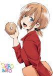  1girl blue_eyes brown_hair copyright_name doughnut food from_side green_eyes highres holding holding_envelope holding_food jacket low_ponytail miyamori_aoi norman_maggot open_mouth ponytail red_jacket shirobako short_hair solo upper_body white_background 