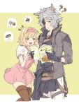  1boy 1girl ?? animal_ears black_gloves blonde_hair blue_eyes book djeeta_(granblue_fantasy) dress erune food gloves granblue_fantasy headband highres holding holding_book jacket mask mole mole_under_eye open_mouth pink_dress saaaan_1 short_hair silver_hair six_(granblue_fantasy) thighhighs yellow_eyes 