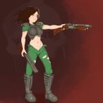  1girl absurdres armor armored_boots blue_eyes boots brown_hair cosplay doom_(game) doomguy doomguy_(cosplay) green_pants green_shirt gun highres ion_fury midriff navel open_mouth pants shelly_harrison shirt shotgun smile solo standing thwwshark torn_clothes torn_legwear weapon 
