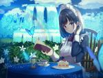  1girl apron black_hair blue_dress blue_eyes blue_sky blurry blurry_background blurry_foreground blush book breasts bug butterfly cake chair cloud commentary cup day depth_of_field dress expressionless flower food fork fountain fruit hand_in_hair head_tilt hedge_(plant) holding holding_book hourglass insect juliet_sleeves kanata_(harukakanatan) long_sleeves looking_at_viewer maid maid_apron maid_headdress medium_breasts neck_ribbon open_book original outdoors plate puffy_sleeves rainbow red_neckwear ribbon saucer short_hair shortcake sitting sky slice_of_cake solo sparkle strawberry table tablecloth teacup tree wooden_chair 