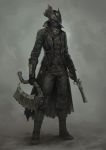  1boy absurdres adrian4rt armor belt belt_buckle black_coat black_eyes black_gloves black_headwear bloodborne buckle chain coat covered_mouth dual_wielding gloves gun hat_over_one_eye highres holding holding_gun holding_weapon hunter_(bloodborne) male_focus pocket_watch shaded_face solo standing torn_clothes torn_coat vambraces watch weapon 