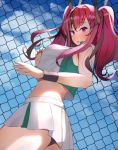  1girl aa44 ass azur_lane black_panties breasts bremerton_(azur_lane) bremerton_(scorching-hot_training)_(azur_lane) chain-link_fence cloud commentary_request crop_top crop_top_overhang day fence from_behind from_below hair_between_eyes hair_ornament hairclip highres large_breasts long_hair looking_at_viewer midriff miniskirt multicolored_hair panties pink_eyes pink_hair shirt skirt sleeveless sleeveless_shirt sportswear streaked_hair sweatband tennis_uniform twintails two-tone_shirt underwear upskirt white_skirt 