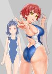  2girls ass black_hair blue_swimsuit breasts brown_hair commentary_request competition_swimsuit curvy dokiyuri from_behind highleg highleg_swimsuit highres kakumeiki_valvrave large_breasts looking_at_viewer looking_back looking_to_the_side multiple_girls nanami_rion nobi_marie one-piece_swimsuit red_eyes short_hair sideboob sidelocks swimsuit towel v wet yellow_eyes 