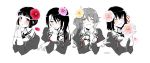  4girls absurdres ashigara_(kantai_collection) black_hair blush brown_eyes chin_rest closed_eyes commentary_request flower gloves greyscale grin haguro_(kantai_collection) hair_flower hair_ornament hairband hairclip high_ponytail highres juliet_sleeves kantai_collection long_hair long_sleeves looking_at_viewer monochrome multiple_girls myoukou_(kantai_collection) nachi_(kantai_collection) neck_ribbon neckerchief one_eye_closed petals puffy_sleeves remodel_(kantai_collection) ribbon short_hair side_ponytail smile spot_color totto_(naka) upper_body v white_background 