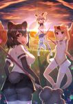  3girls absurdres african_wild_dog_(kemono_friends) african_wild_dog_print animal_ears arm_up arms_at_sides ass backlighting bear_ears bear_girl bear_paw_hammer bear_tail bike_shorts black_hair bodystocking boots brown_bear_(kemono_friends) brown_eyes brown_hair circlet closed_mouth denim denim_shorts dog_ears dog_tail elbow_gloves evening extra_ears fingerless_gloves gloves golden_snub-nosed_monkey_(kemono_friends) grass grey_hair hand_up high_ponytail highres holding holding_weapon horizon impossible_clothes impossible_shorts kemono_friends leotard long_hair long_sleeves looking_at_viewer looking_back medium_hair microskirt monkey_ears monkey_tail multicolored_hair multiple_girls open_mouth orange_hair orange_sky outdoors shirt short_hair short_over_long_sleeves short_sleeves shorts shorts_under_skirt sidelocks skirt sky smile st.takuma standing sun sunset tail tail_through_clothes thighhighs two-tone_hair very_long_hair weapon white_hair 
