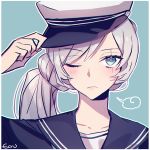  1girl adjusting_clothes adjusting_hat bangs blue_background blue_eyes blue_sailor_collar blue_shirt closed_mouth collarbone collared_shirt ecru eyebrows_visible_through_hair frown hat long_hair looking_at_viewer one_eye_closed portrait rwby sailor_collar sailor_shirt scar scar_across_eye shirt silver_hair smile solo swept_bangs very_long_hair weiss_schnee white_headwear 