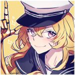  1girl blonde_hair blue_sailor_collar blue_shirt closed_mouth collarbone collared_shirt ecru hair_between_eyes index_finger_raised long_hair looking_at_viewer prosthesis prosthetic_arm purple_eyes rwby sailor_collar sailor_shirt shirt short_sleeves signature simple_background smile solo yang_xiao_long yellow_background 
