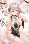  1girl arm_support azur_lane bare_arms bare_shoulders between_breasts black_dress blurry braid breast_curtains breasts cherry_blossoms china_dress chinese_clothes cleavage dress garter_straps hair_ornament hand_up highres large_breasts looking_at_viewer mellozzo pelvic_curtain red_eyes short_hair silver_hair sirius_(azur_lane) sirius_(azure_horizons)_(azur_lane) sitting skindentation solo thighhighs thighs tree_branch white_legwear 