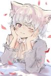  1girl ;) animal_ear_fluff animal_ears arm_support blush_stickers closed_mouth grey_hair grey_ribbon grey_shirt head_in_hand highres long_sleeves looking_at_viewer neck_ribbon one_eye_closed original petals red_eyes ribbon sha2mo shirt simple_background smile solo upper_body white_background 