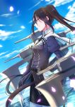  1girl belt black_hair black_skirt blue_sky blurry blurry_background blurry_foreground brown_eyes cloud commentary_request from_side gloves highres juliet_sleeves kantai_collection long_hair long_sleeves nachi_(kantai_collection) pantyhose petals puffy_sleeves remodel_(kantai_collection) rigging sailor_collar side_ponytail skirt sky solo totto_(naka) very_long_hair white_gloves white_legwear 