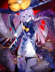  1girl abigail_williams_(fate/grand_order) absurdres bangs bare_shoulders black_bow black_headwear black_panties bow breasts fate/grand_order fate_(series) forehead glowing glowing_eye gradient_hair hat highres hoshi_rasuku key keyhole long_hair looking_at_viewer multicolored_hair multiple_bows navel open_mouth orange_bow panties parted_bangs polka_dot polka_dot_bow red_background red_eyes small_breasts smile solo tentacles thighs third_eye underwear white_hair white_skin witch_hat 