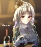  1girl alcohol breasts brown_hair character_request cup drinking gloves hat long_hair looking_at_viewer moscow_(warships_girls_r) red_star silver_hair simple_background solo tokyoha1 vodka warship_girls_r 
